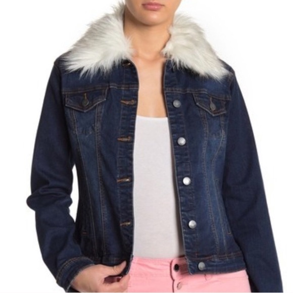Tahari Jackets & Blazers - NWT Tahari Dark Wash Faux Fur Collar Jean Jacket